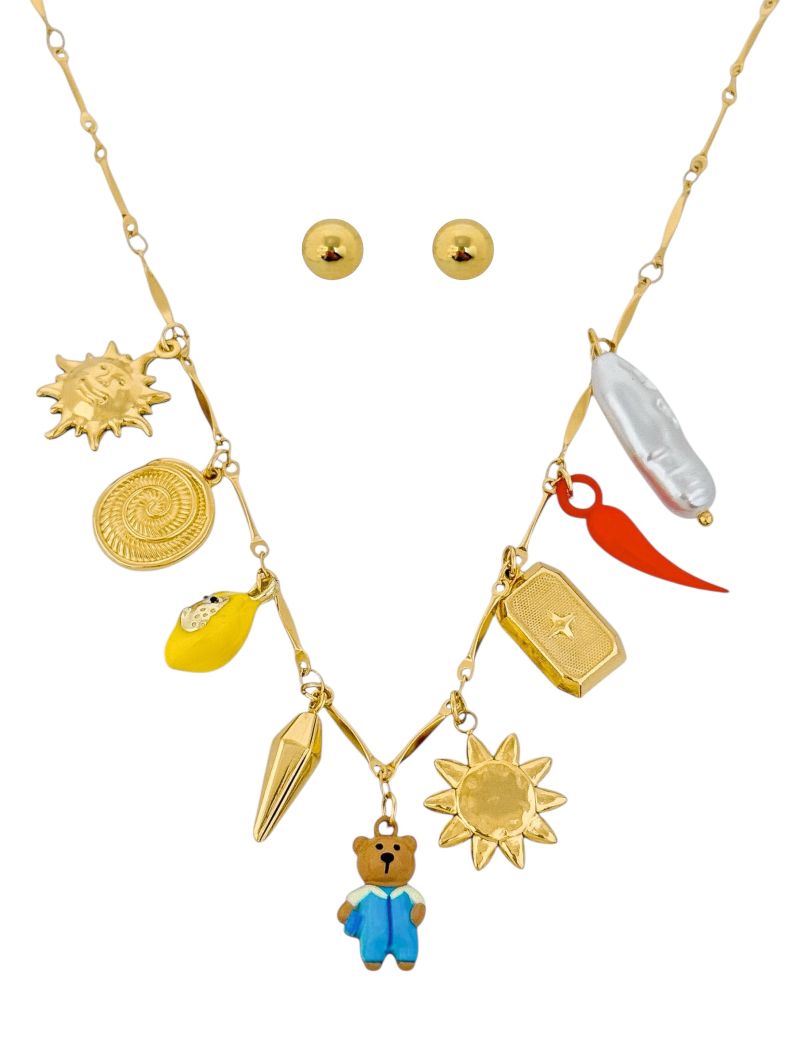 Conjunto Colar e Brinco Aço Inoxidável Folheado a Ouro 18k Com Pingentes Diversos