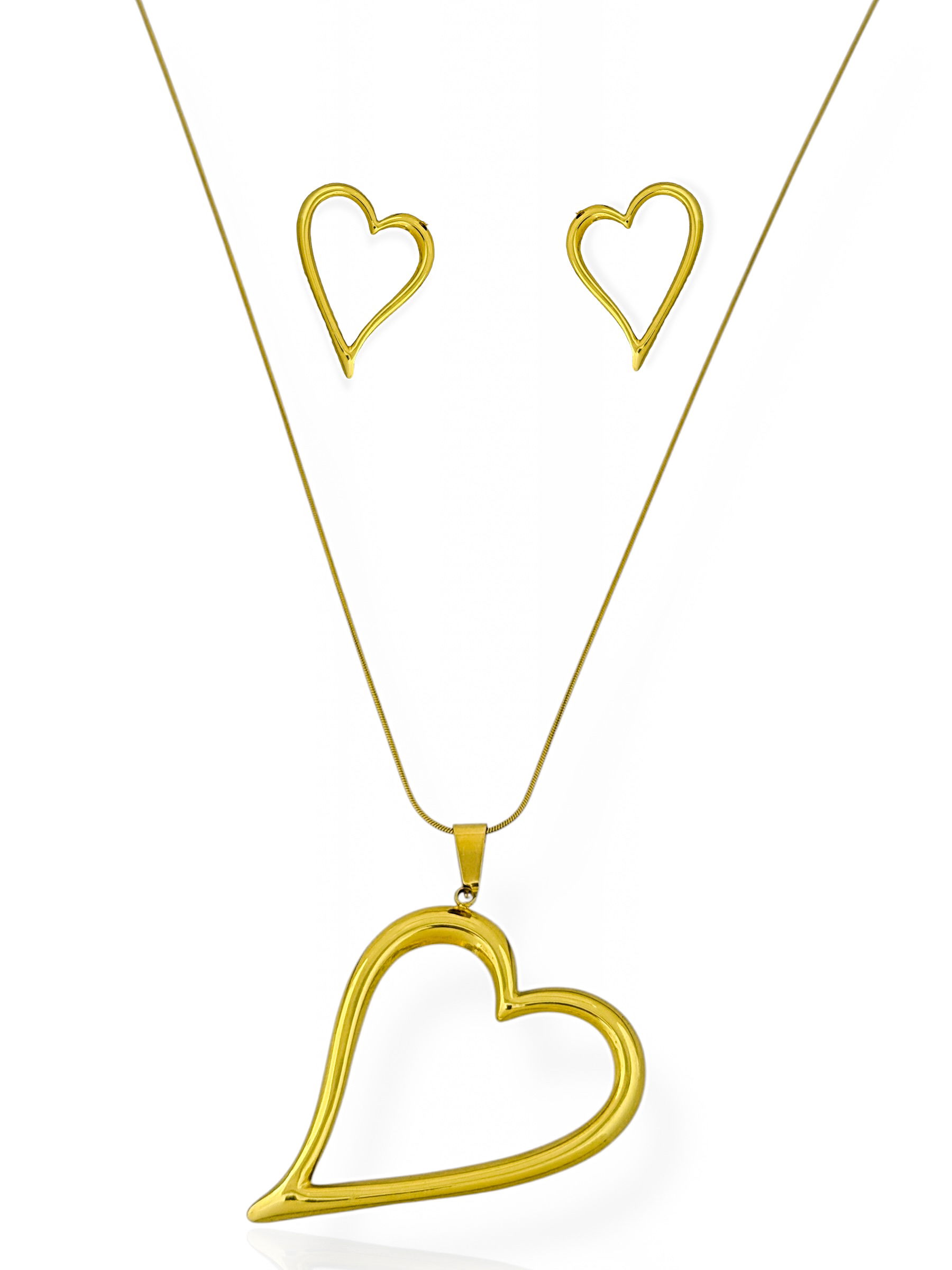 Conjunto Colar e Brinco Aço Inoxidável Folheado a Ouro 18k Corações Vazados