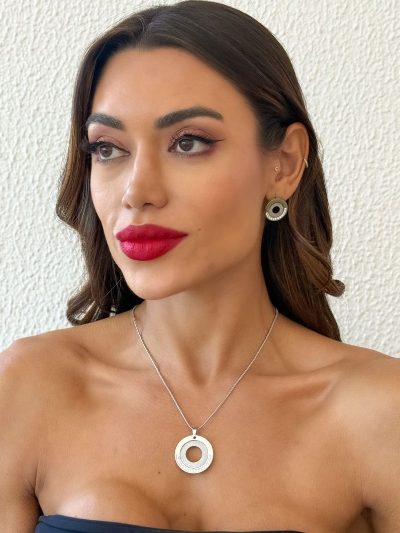 Conjunto Colar e Brinco Aço Inoxidável Folheado a Ouro 18k e Prata Círculo Com Zircônias