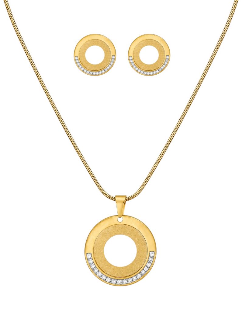 Conjunto Colar e Brinco Aço Inoxidável Folheado a Ouro 18k e Prata Círculo Com Zircônias