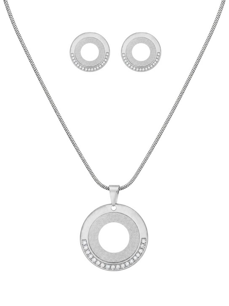 Conjunto Colar e Brinco Aço Inoxidável Folheado a Ouro 18k e Prata Círculo Com Zircônias