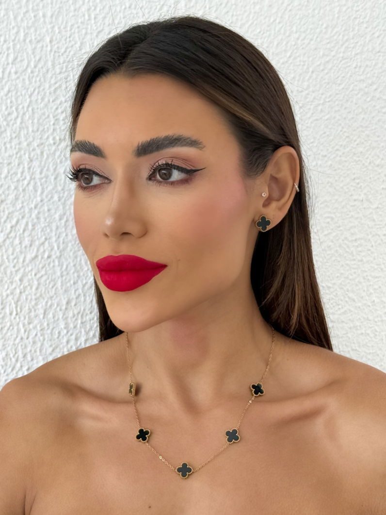 Conjunto Colar e Brinco Aço Inoxidável Folheado a Ouro 18k e Prata Com Inspiração Vg. Resinado