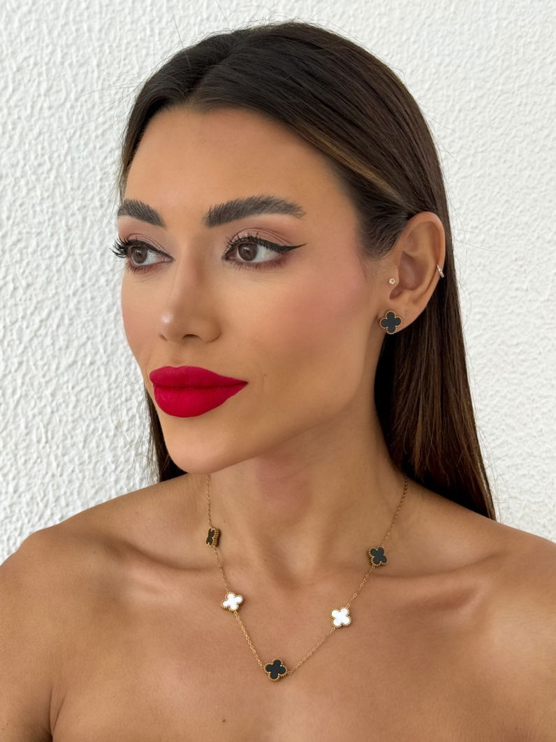 Conjunto Colar e Brinco Aço Inoxidável Folheado a Ouro 18k e Prata Com Inspiração Vg. Resinado