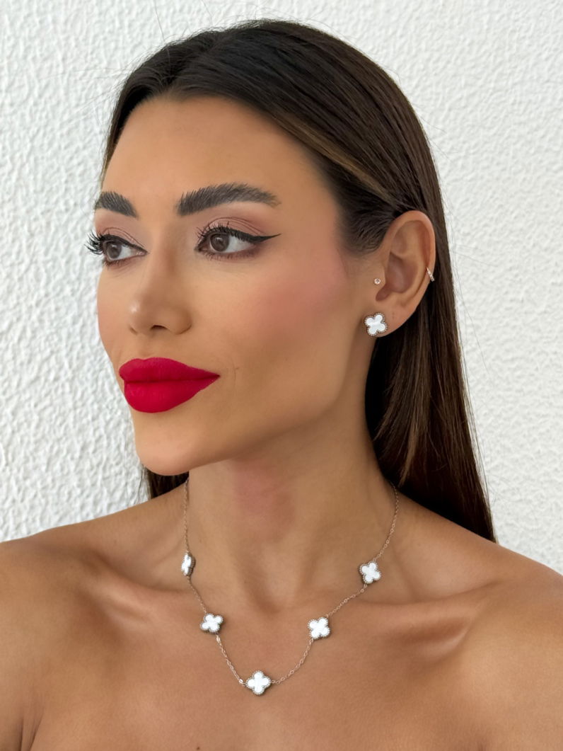 Conjunto Colar e Brinco Aço Inoxidável Folheado a Ouro 18k e Prata Com Inspiração Vg. Resinado