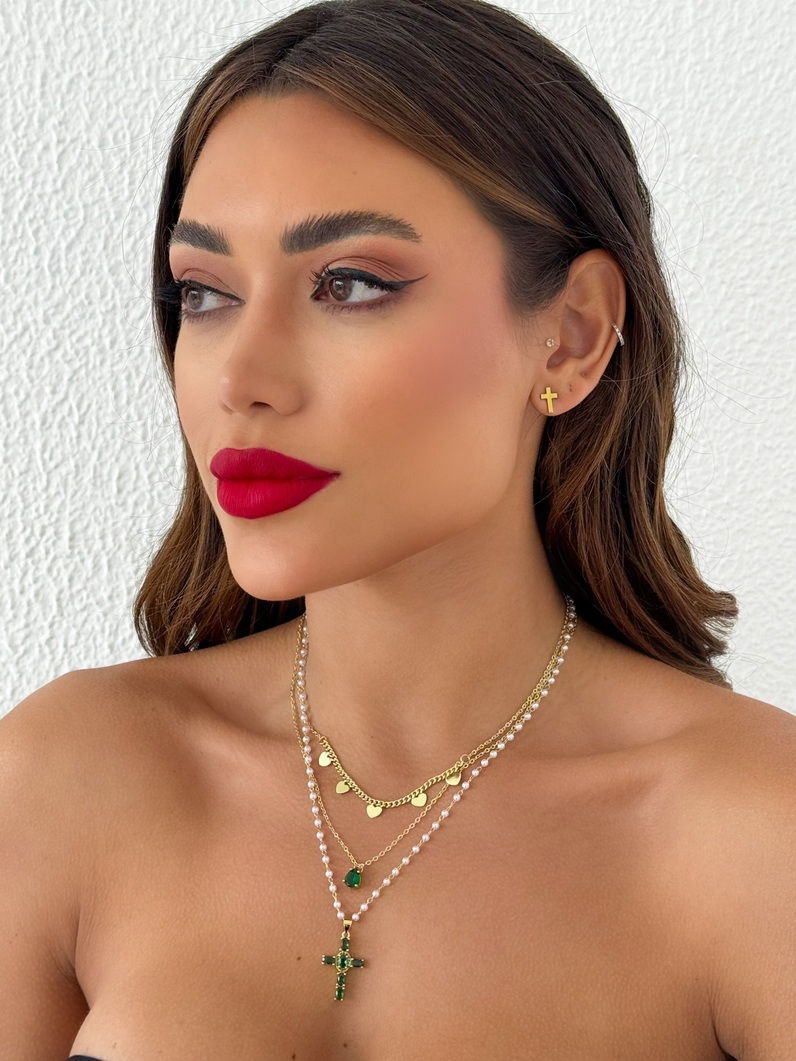 Conjunto Colar e Brinco Aço Inoxidável Folheado a Ouro 18k e Prata Cruz Com Cristal, Lisa e Coração
