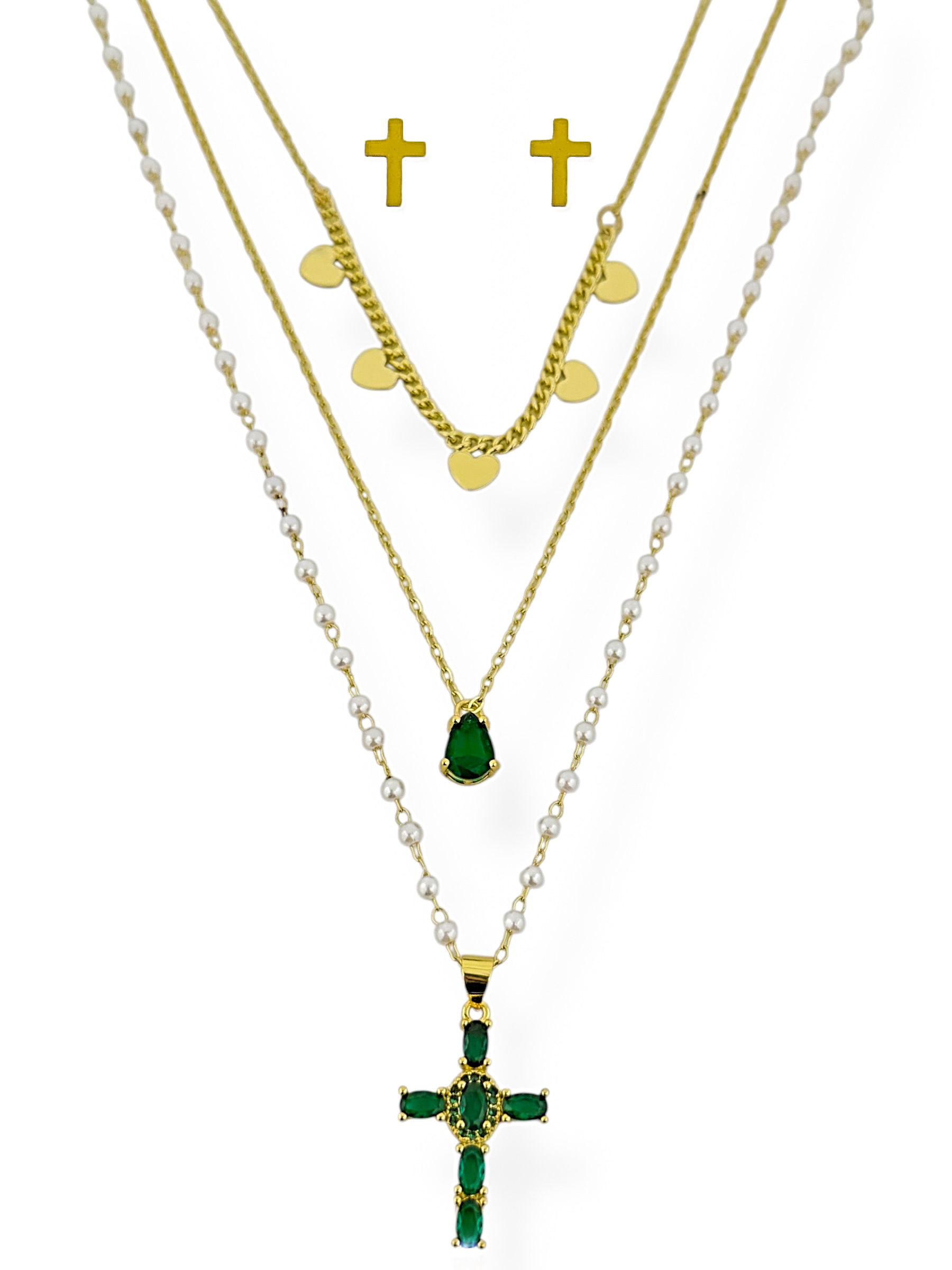Conjunto Colar e Brinco Aço Inoxidável Folheado a Ouro 18k e Prata Cruz Com Cristal, Lisa e Coração