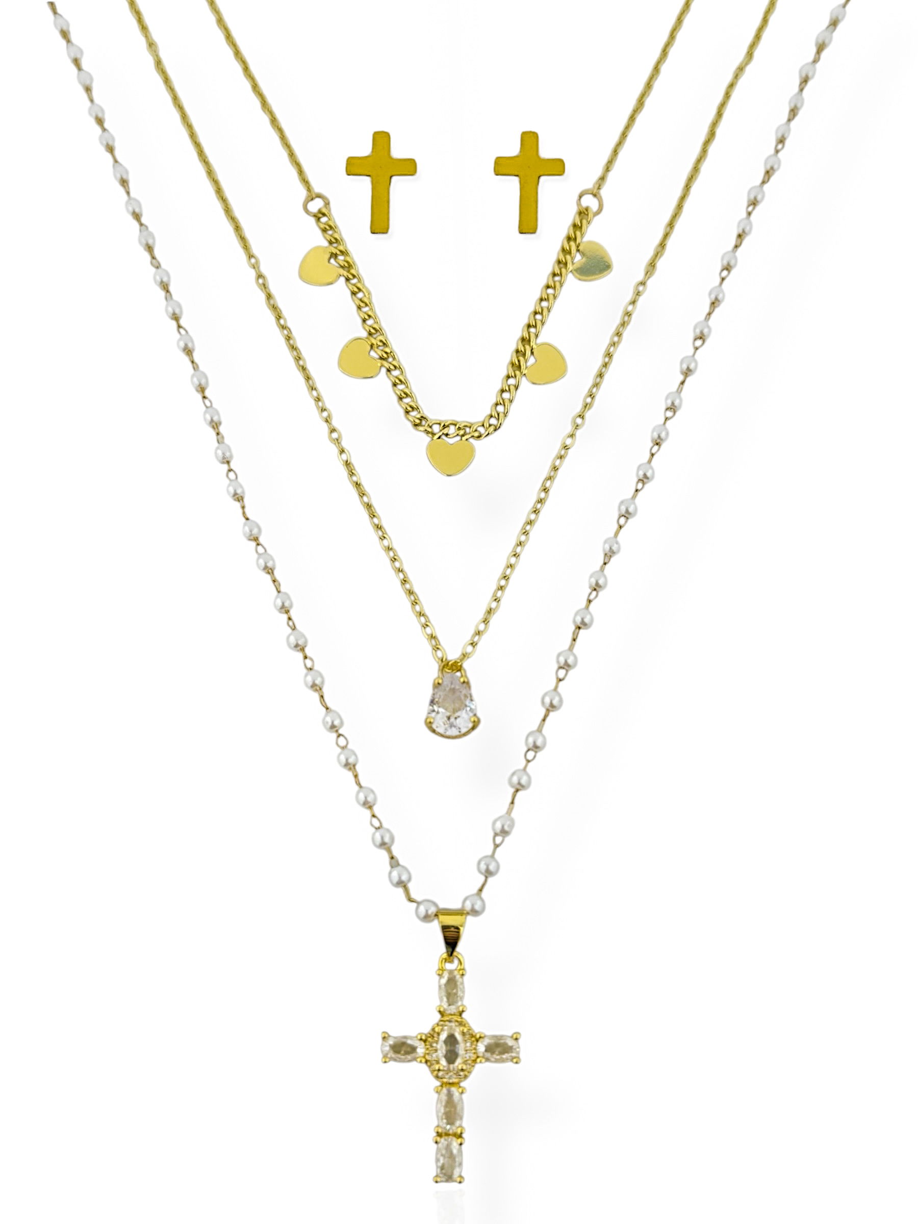 Conjunto Colar e Brinco Aço Inoxidável Folheado a Ouro 18k e Prata Cruz Com Cristal, Lisa e Coração