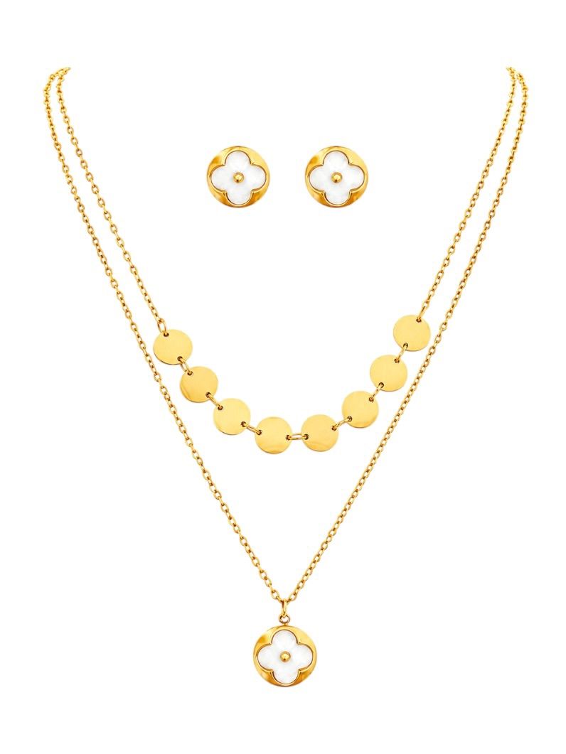 Conjunto Colar e Brinco Aço Inoxidável Folheado a Ouro 18k e Prata Inspiração Vg. e Circulos
