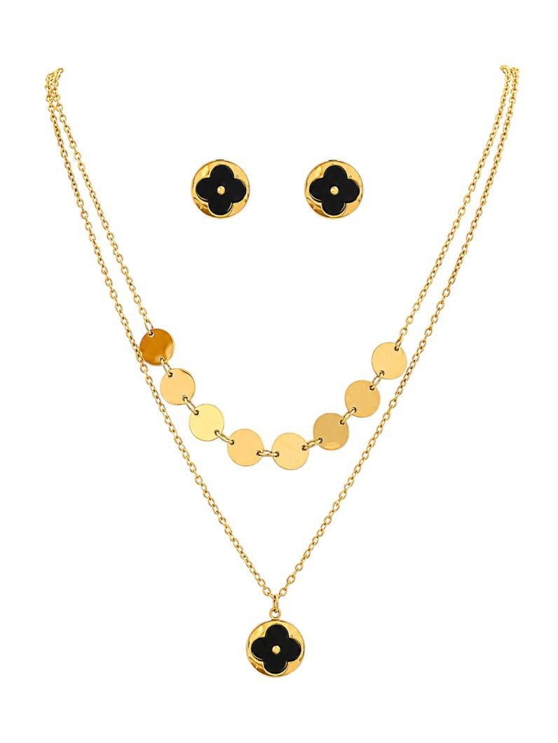 Conjunto Colar e Brinco Aço Inoxidável Folheado a Ouro 18k e Prata Inspiração Vg. e Circulos