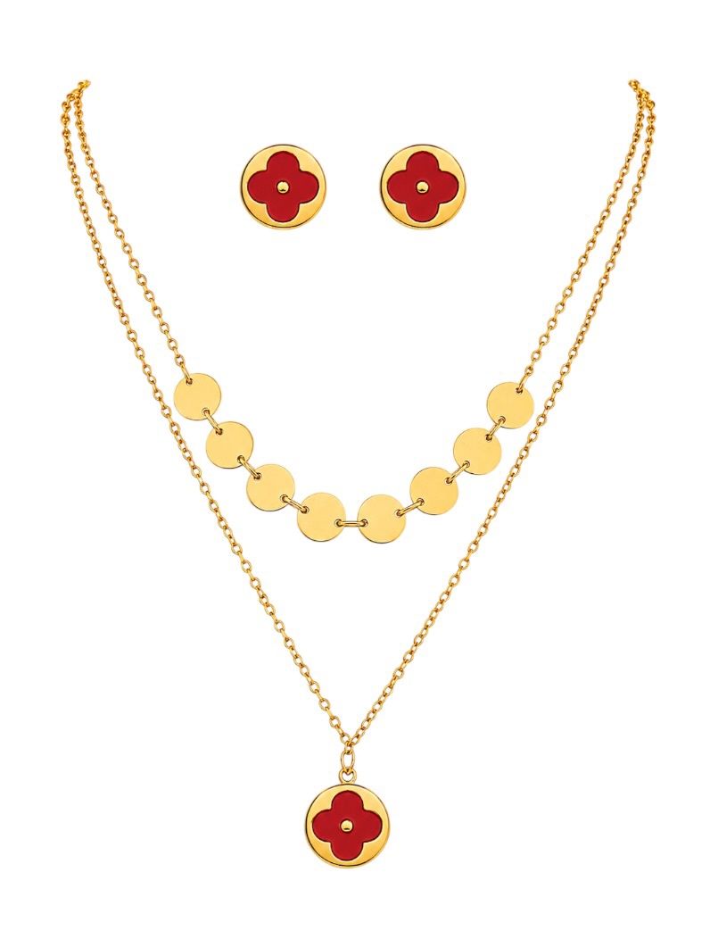Conjunto Colar e Brinco Aço Inoxidável Folheado a Ouro 18k e Prata Inspiração Vg. e Circulos