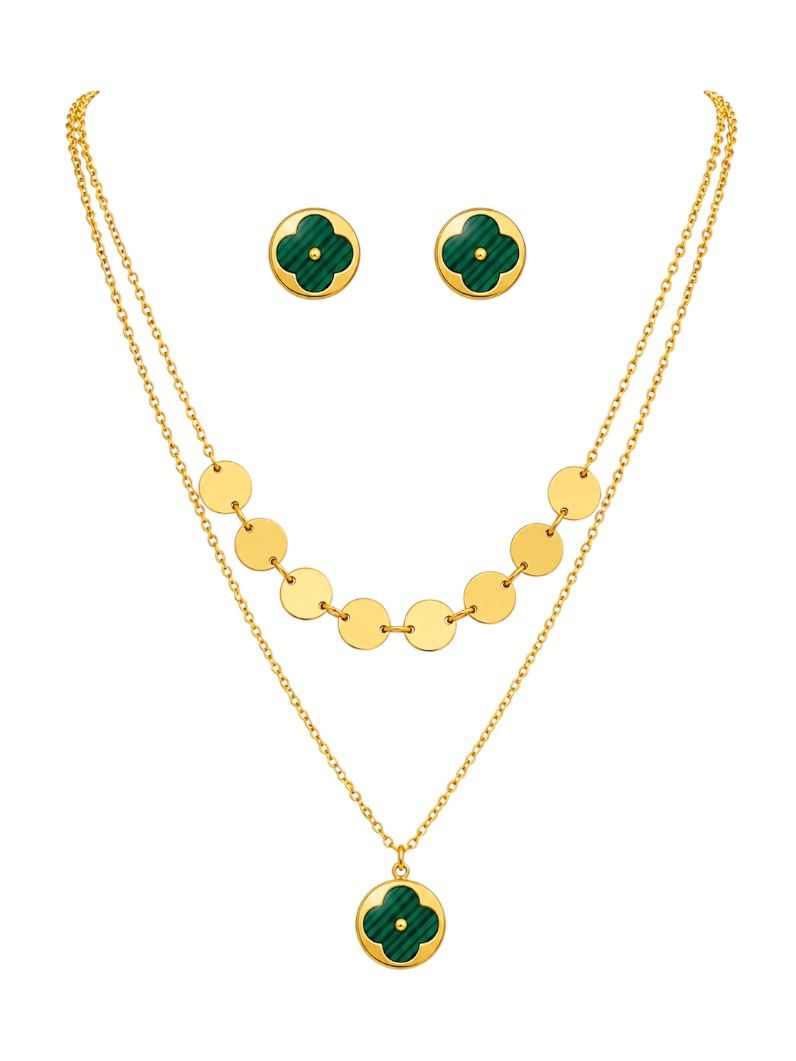 Conjunto Colar e Brinco Aço Inoxidável Folheado a Ouro 18k e Prata Inspiração Vg. e Circulos