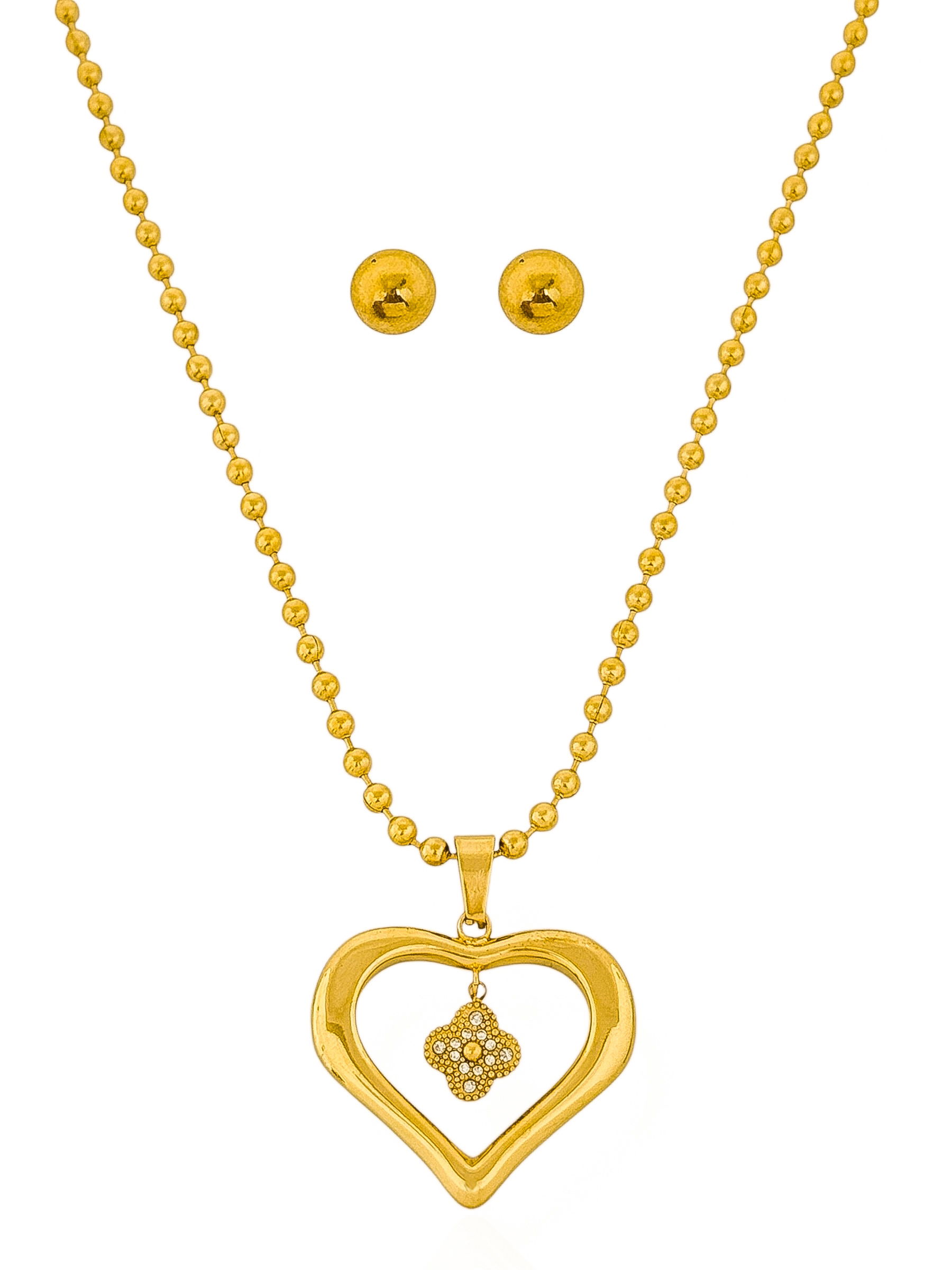 Conjunto Colar e Brinco Aço Inoxidável Folheado a Ouro 18k Esferas Com Coração Inspiração Cravejado