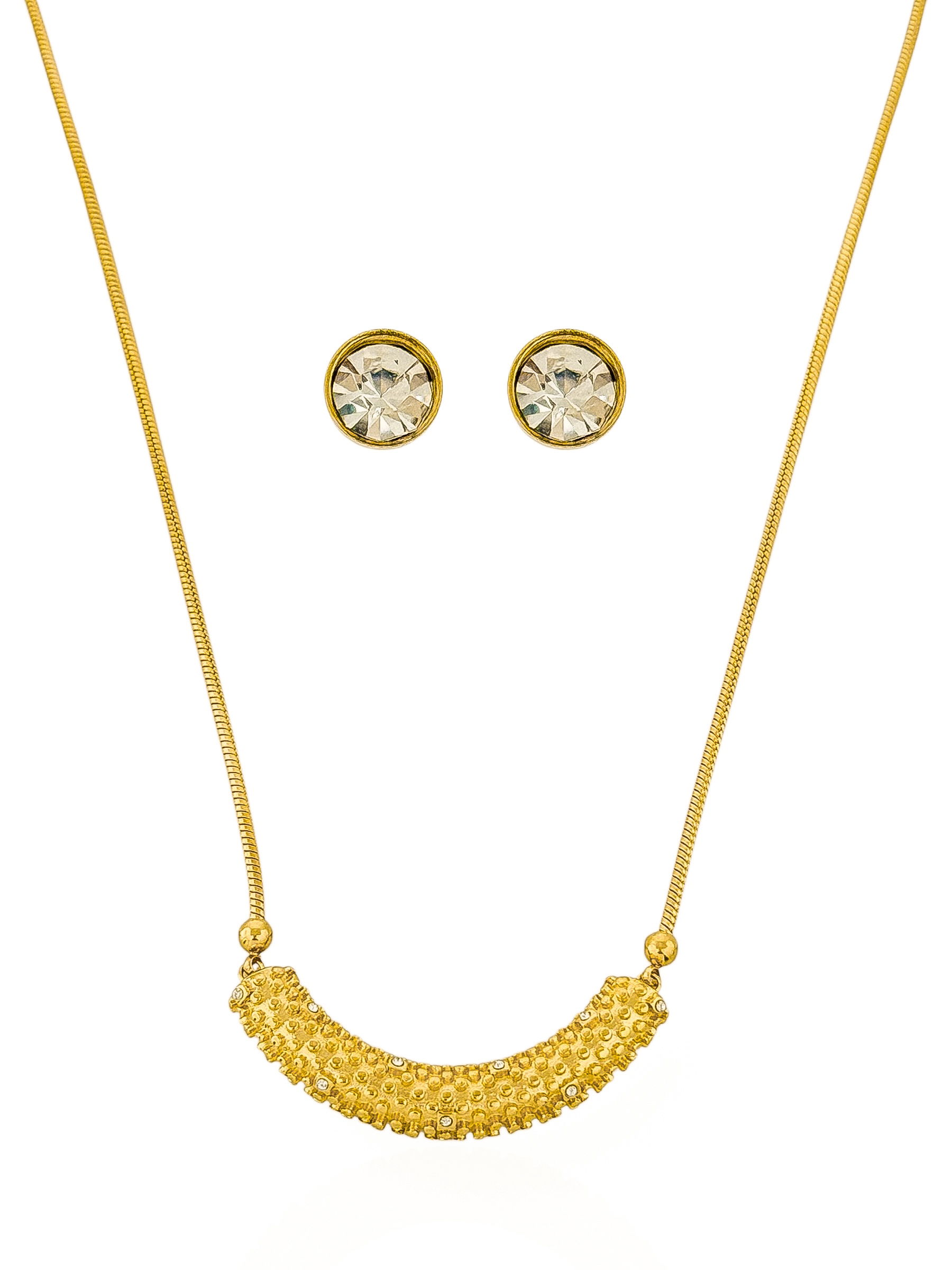 Conjunto Colar e Brinco Aço Inoxidável Folheado a Ouro 18k Ponto de Luz e Pingente Texturizado