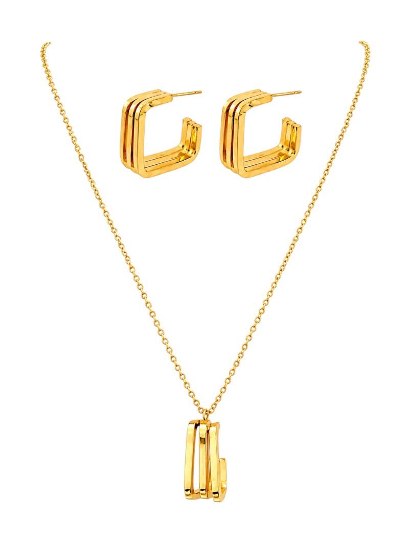 Conjunto Colar e Brinco Aço Inoxidável Ouro 18k Design Argola Quadrada