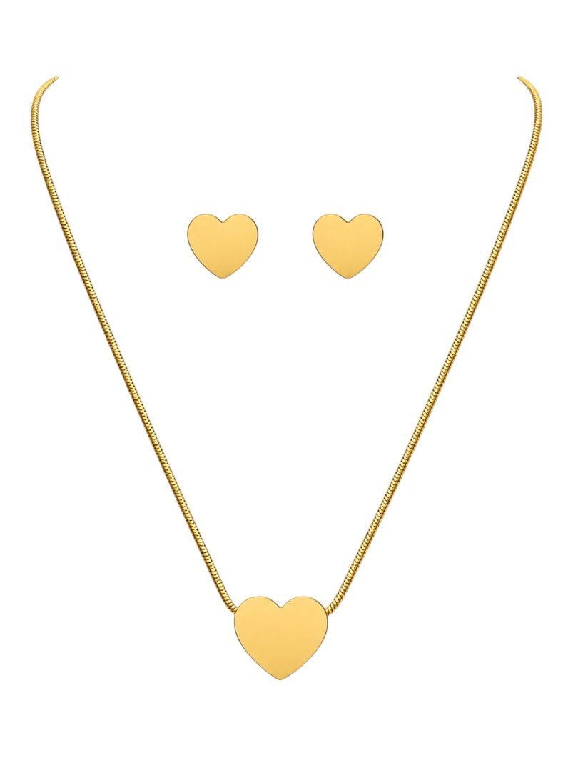 Conjunto Colar e Brinco Aço Inoxidável Ouro 18k Design Coração