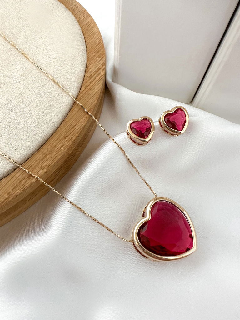 Conjunto colar e brinco com pedra de zircônia folheado a ouro 18k e prata