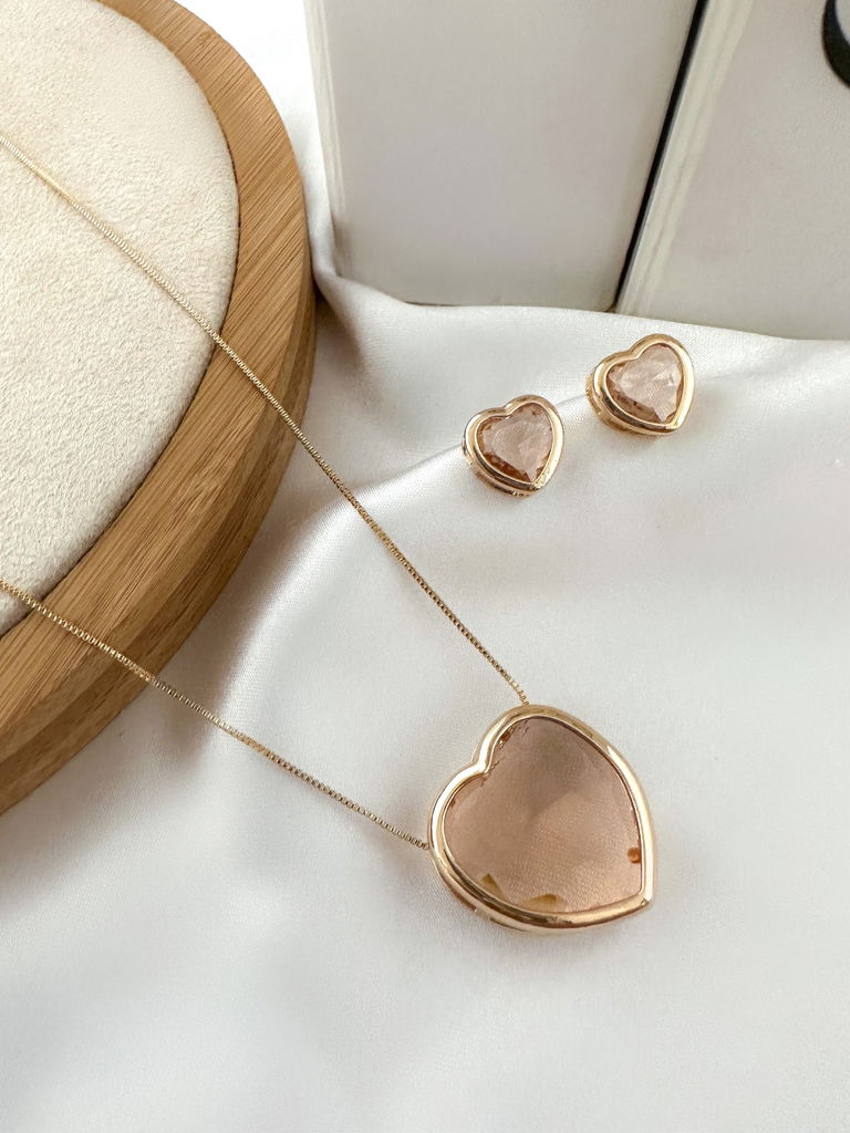 Conjunto colar e brinco com pedra de zircônia folheado a ouro 18k e prata
