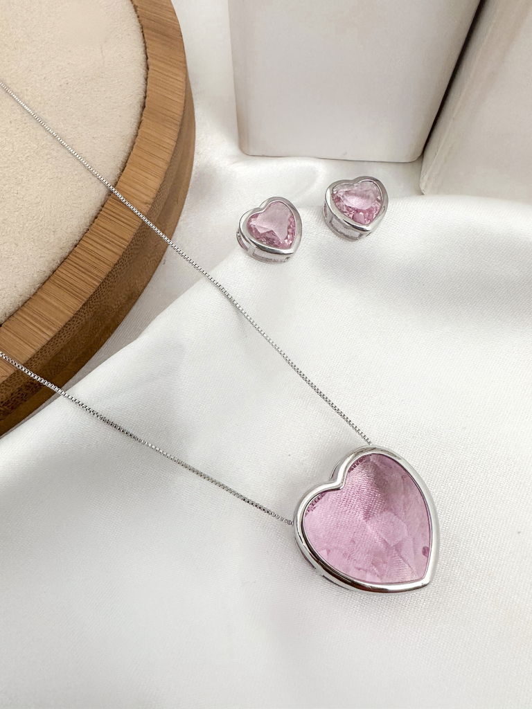 Conjunto colar e brinco com pedra de zircônia folheado a ouro 18k e prata