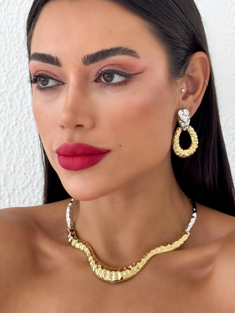 Conjunto Colar e Brinco Duplos Folheado a Ouro 18k e Prata Mix banho Martelado