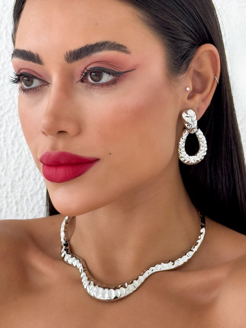 Conjunto Colar e Brinco Duplos Folheado a Ouro 18k e Prata Mix banho Martelado