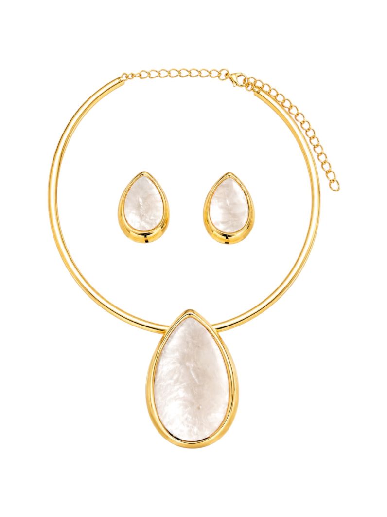 Conjunto Colar e Brinco Folheado a Ouro 18 Aro Com Gota Branco