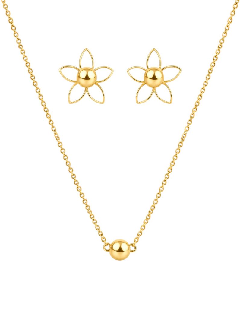 Conjunto Colar e Brinco Folheado a Ouro 18 Esferas e Flor vazada