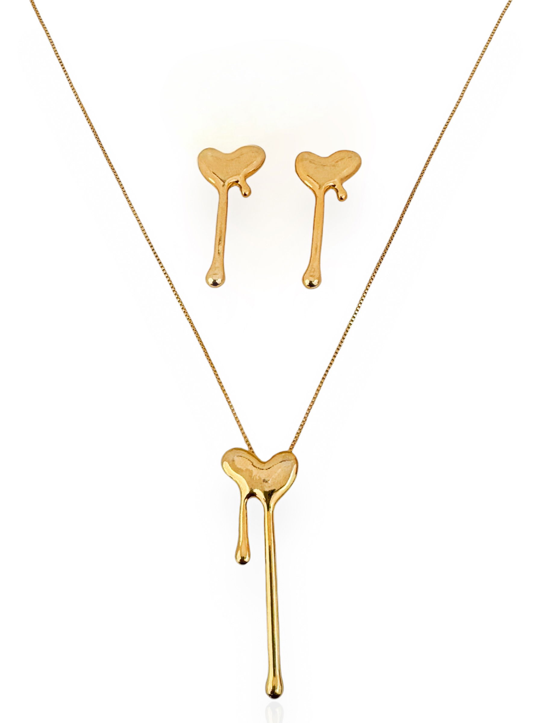 Conjunto Colar e Brinco Folheado a Ouro 18k, Coração Design Derretido