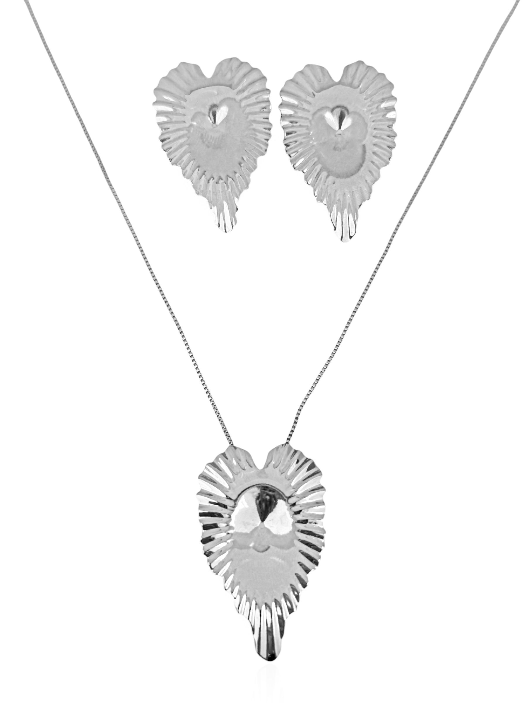 Conjunto Colar e Brinco Folheado a Ouro 18k, Coração Martelado