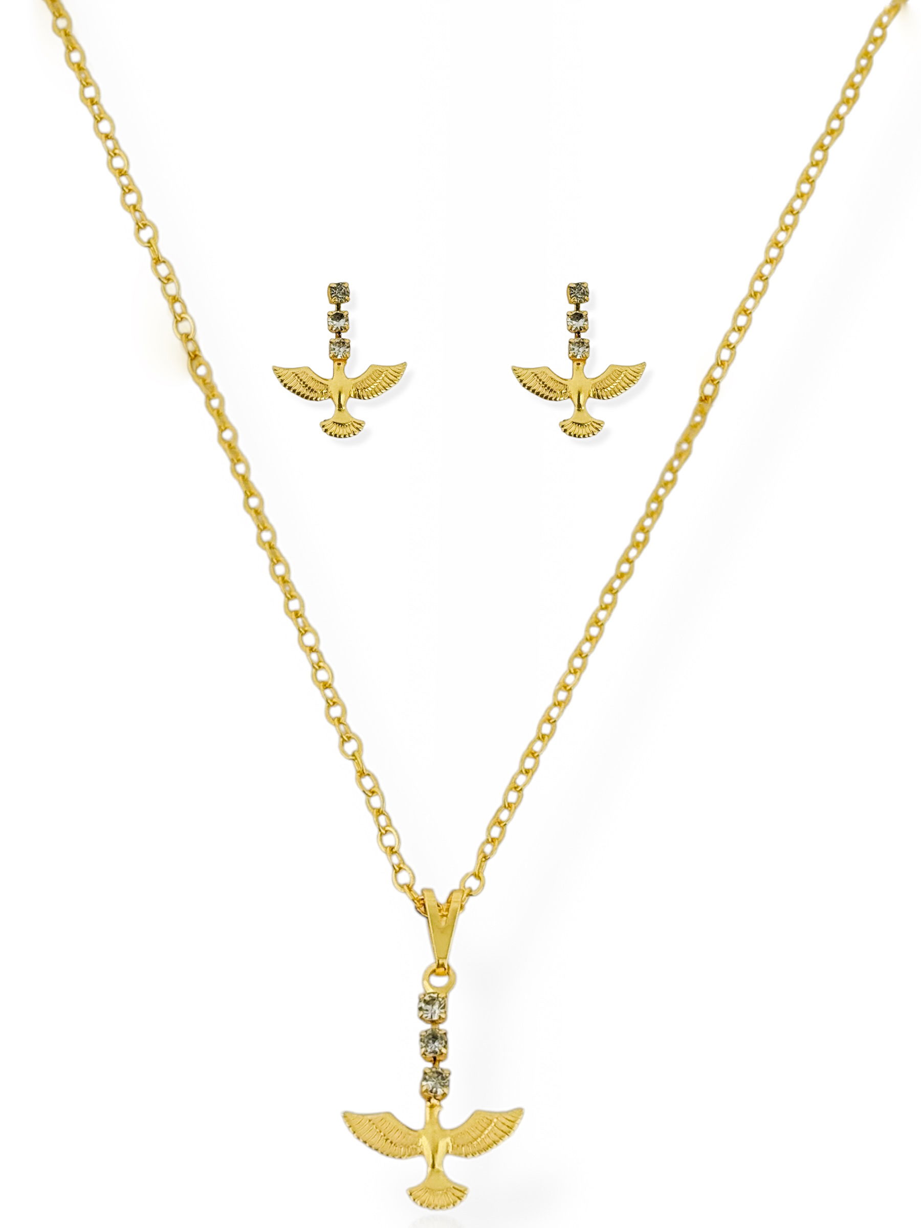 Conjunto Colar e Brinco Folheado a Ouro 18k 'Espirito Santo' com Pontos de Luz