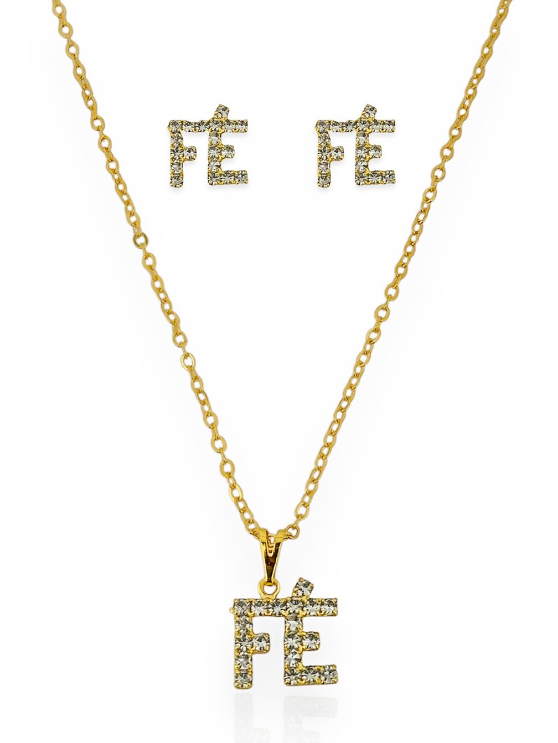 Conjunto Colar e Brinco Folheado a Ouro 18k 'Fé' Cravejado