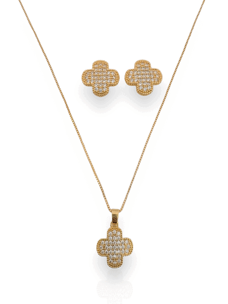 Conjunto Colar e Brinco Folheado a Ouro 18k e Prata, Inspiração Com Micro Zircônia