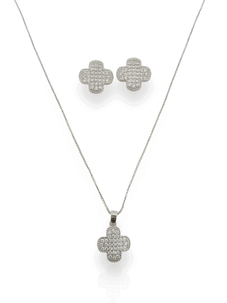 Conjunto Colar e Brinco Folheado a Ouro 18k e Prata, Inspiração Com Micro Zircônia