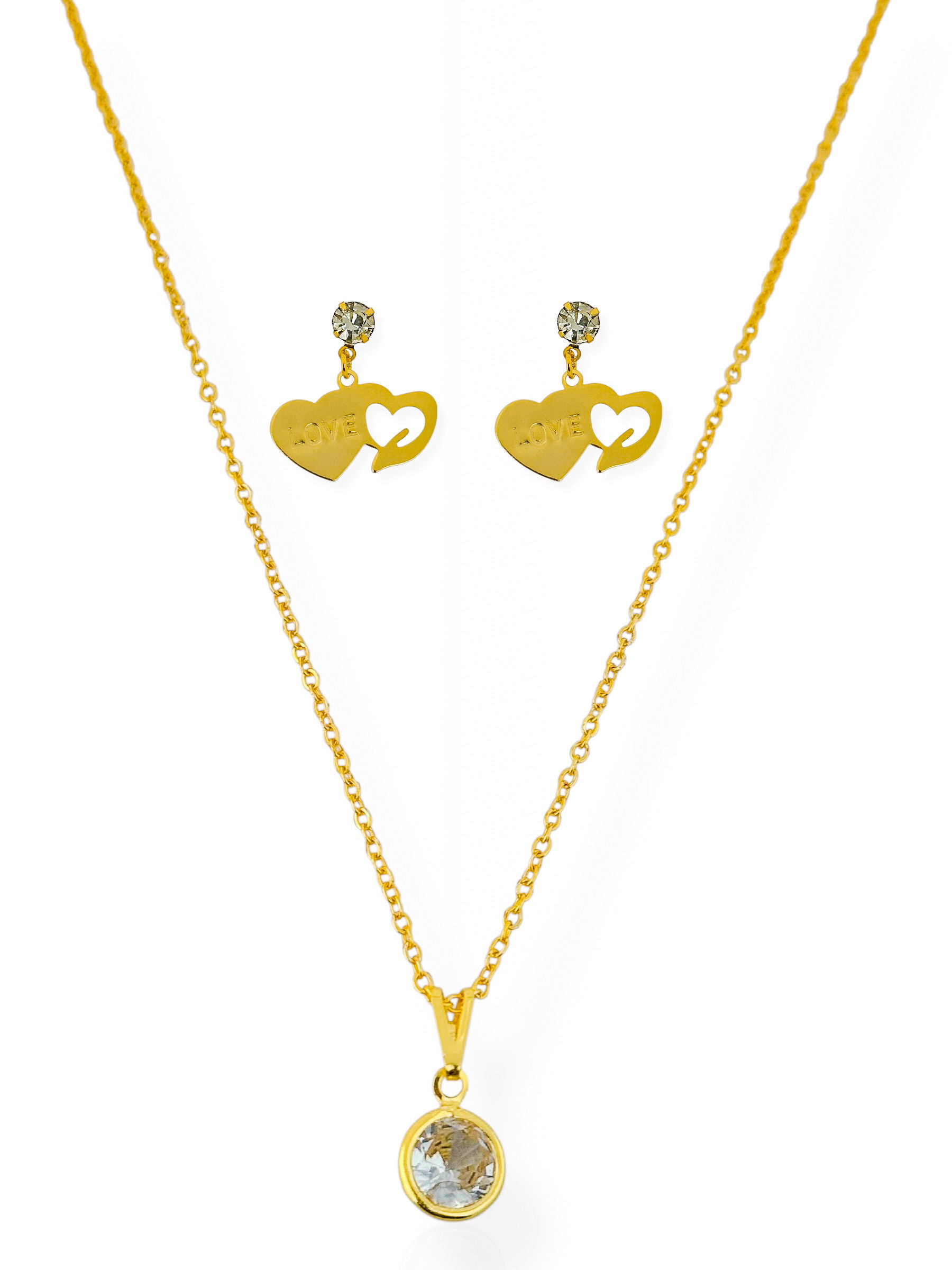 Conjunto Colar e Brinco Folheado a Ouro 18k Coração 'Love' Com Ponto deLuz
