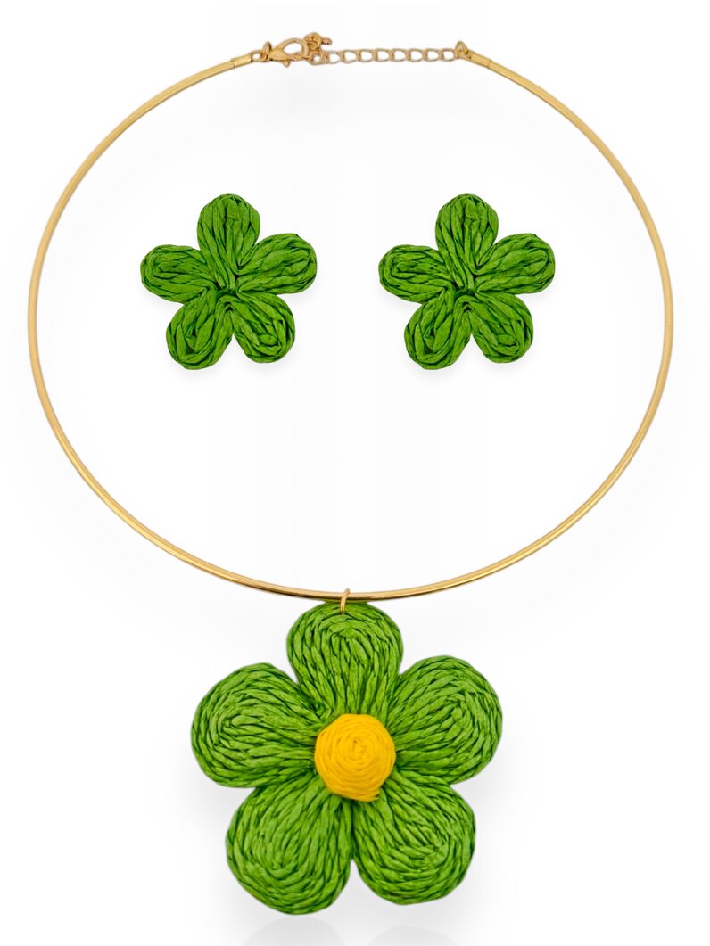 Conjunto Colar e Brinco Folheado a Ouro 18k Aro com Flor Artesanal