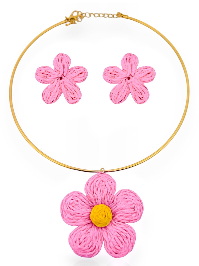 Conjunto Colar e Brinco Folheado a Ouro 18k Aro com Flor Artesanal