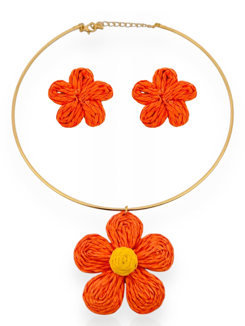 Conjunto Colar e Brinco Folheado a Ouro 18k Aro com Flor Artesanal