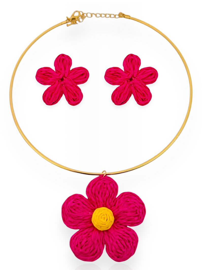 Conjunto Colar e Brinco Folheado a Ouro 18k Aro com Flor Artesanal