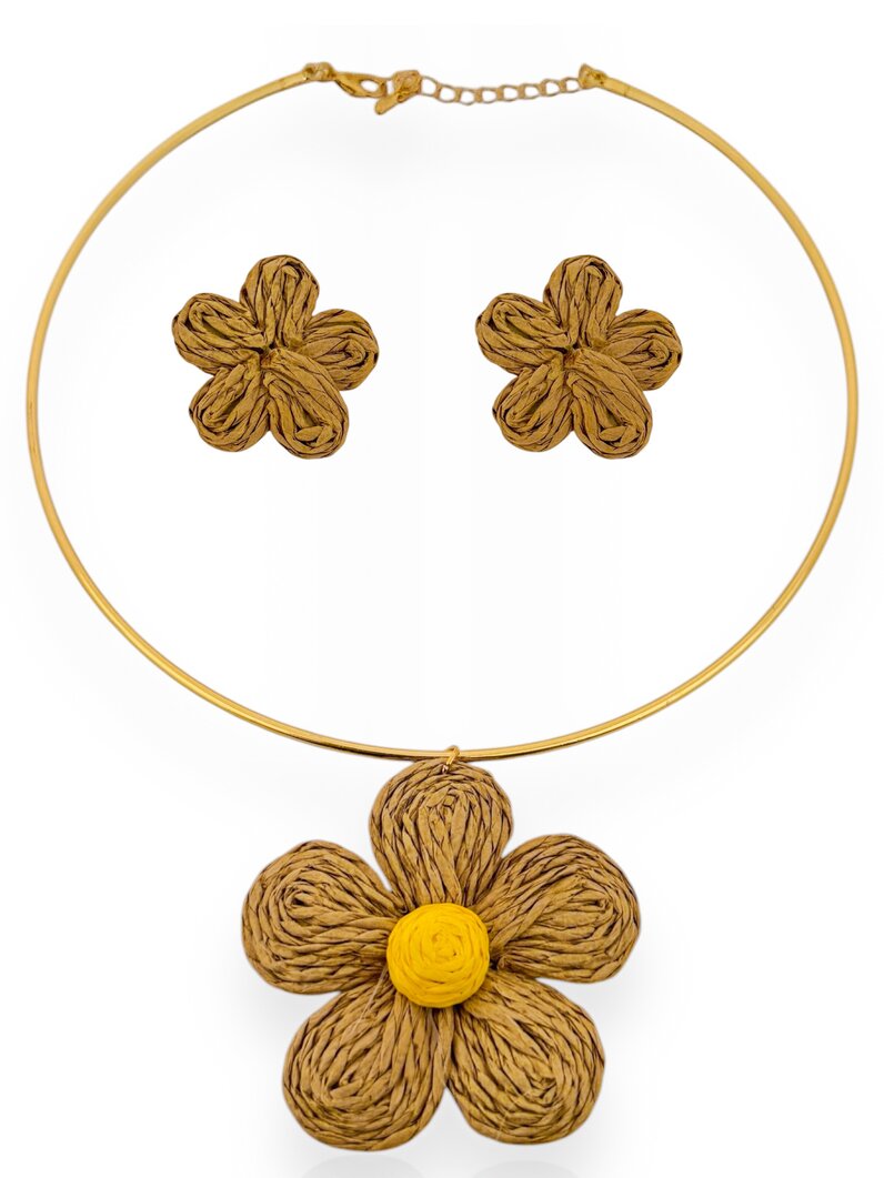 Conjunto Colar e Brinco Folheado a Ouro 18k Aro com Flor Artesanal