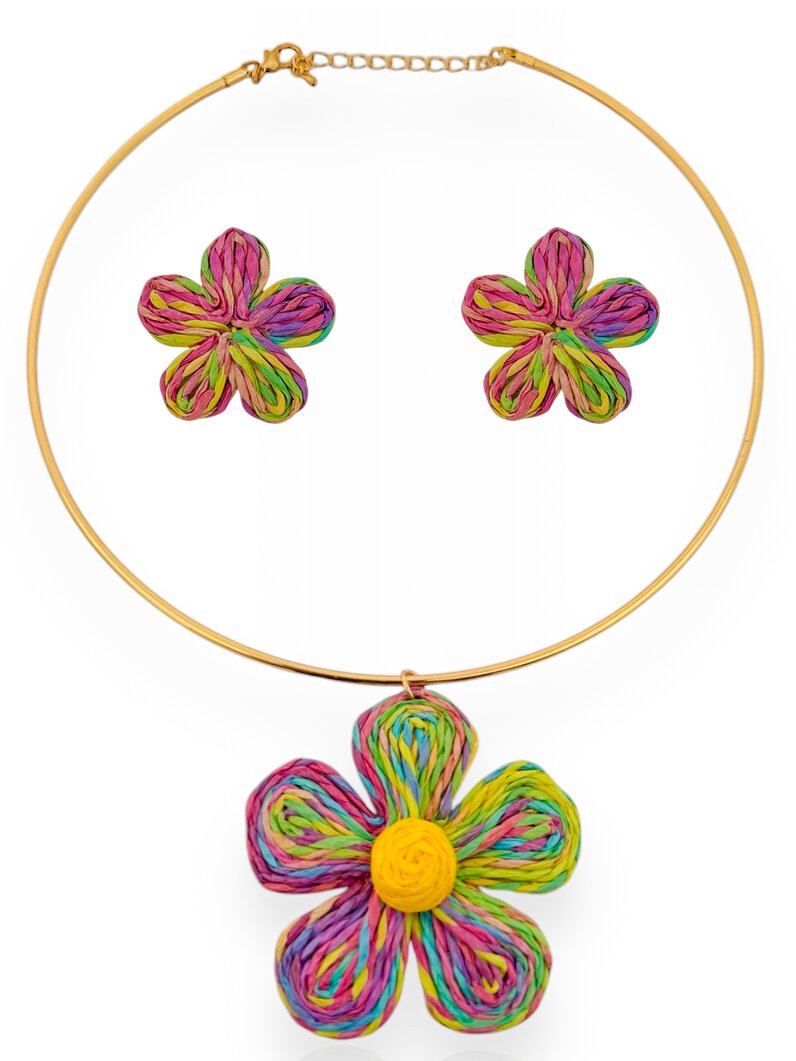 Conjunto Colar e Brinco Folheado a Ouro 18k Aro com Flor Artesanal