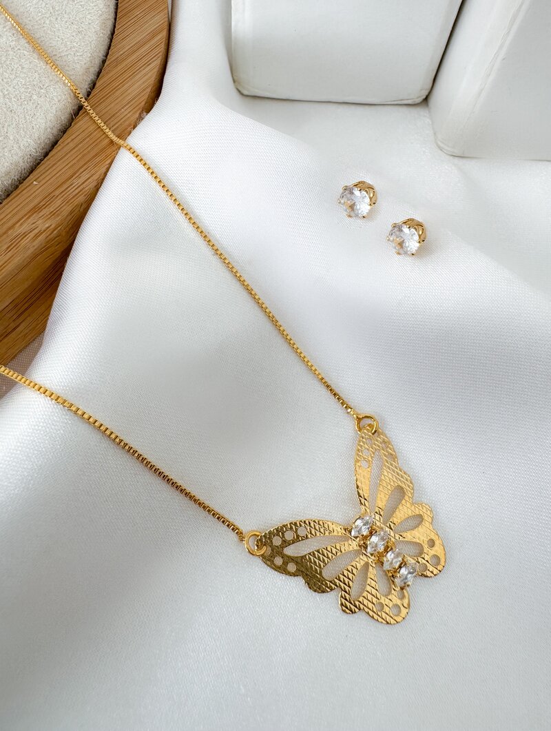Conjunto Colar e Brinco Folheado a Ouro 18k Borboleta com Zircônias