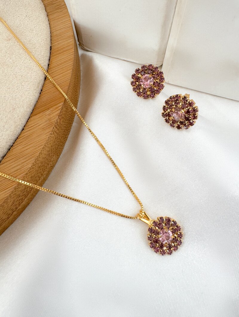 Conjunto Colar e Brinco Folheado a Ouro 18k Circulo Cravejado