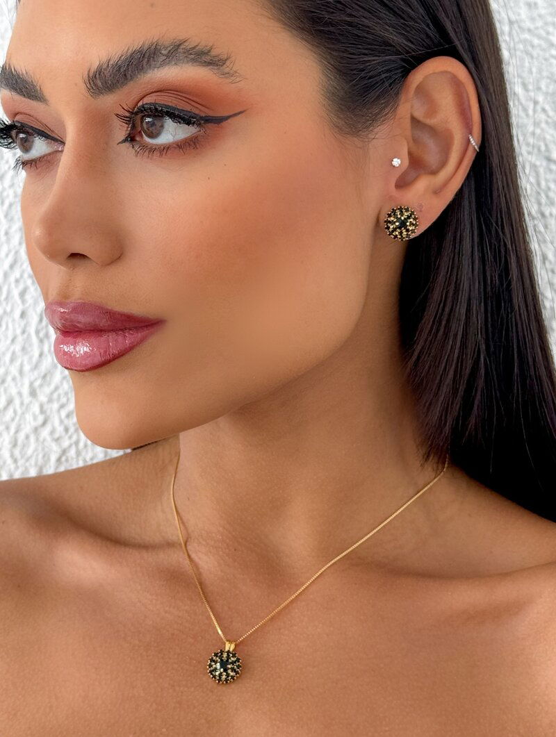Conjunto Colar e Brinco Folheado a Ouro 18k Circulo Cravejado