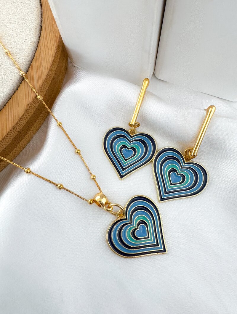 Conjunto Colar e Brinco Folheado a Ouro 18k Coração Colors