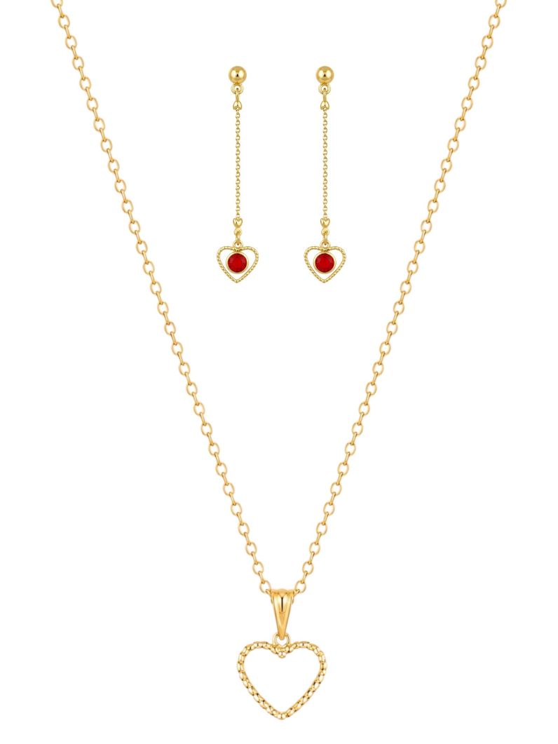 Conjunto Colar e Brinco Folheado a Ouro 18k Coração Com Cristal Vermelho