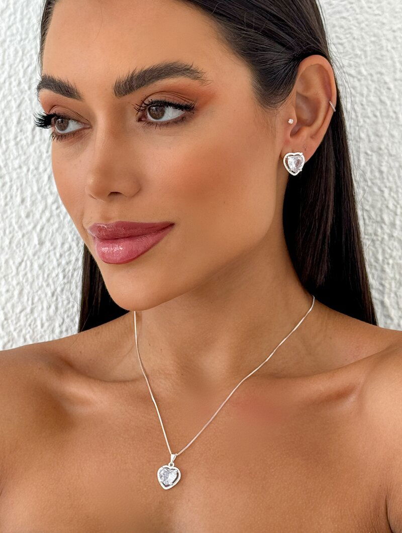 Conjunto Colar e Brinco Folheado a Ouro 18k Coração com Zircônia Cristal