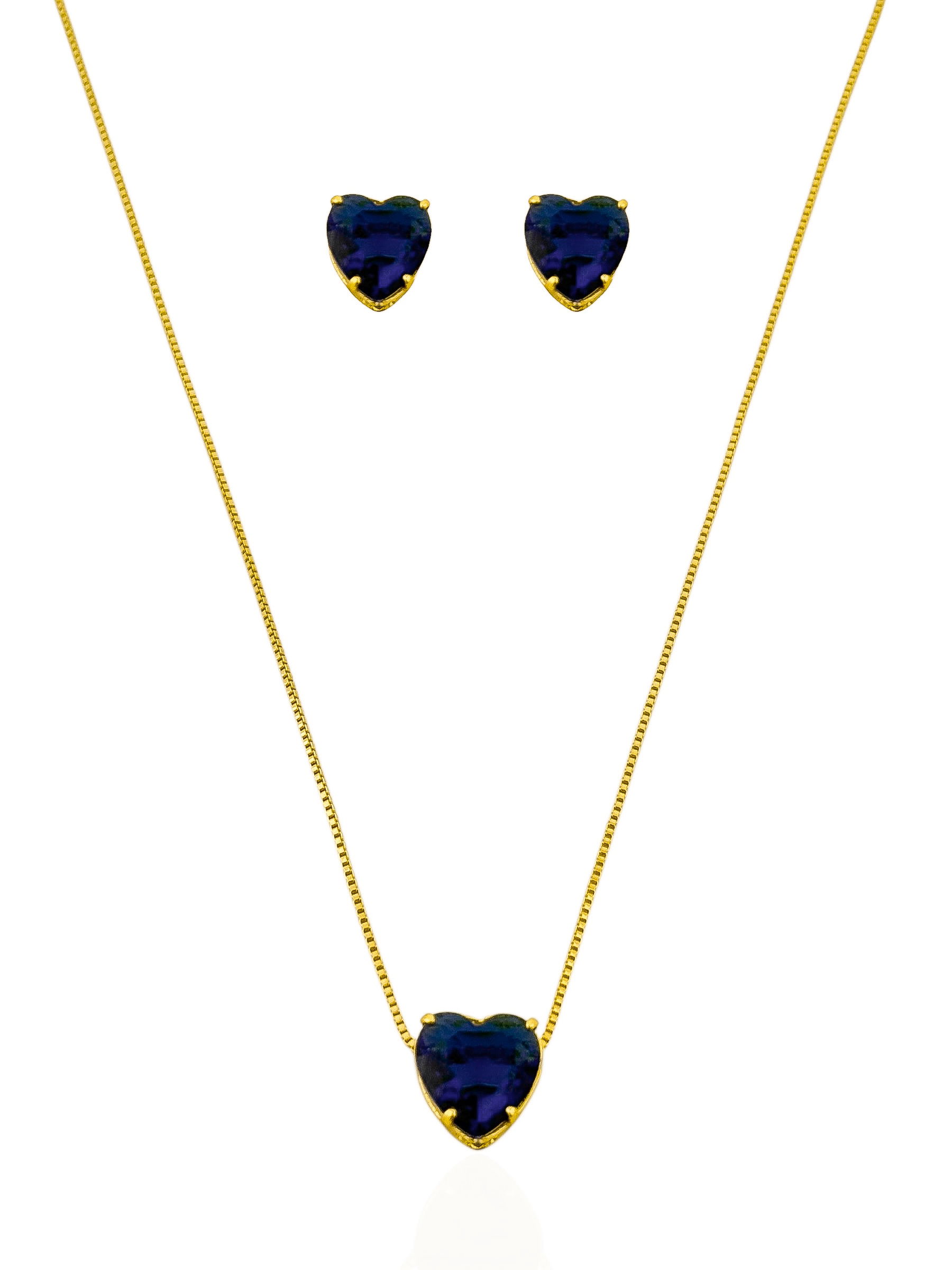 Conjunto Colar e Brinco Folheado a Ouro 18k Coração de Cristal
