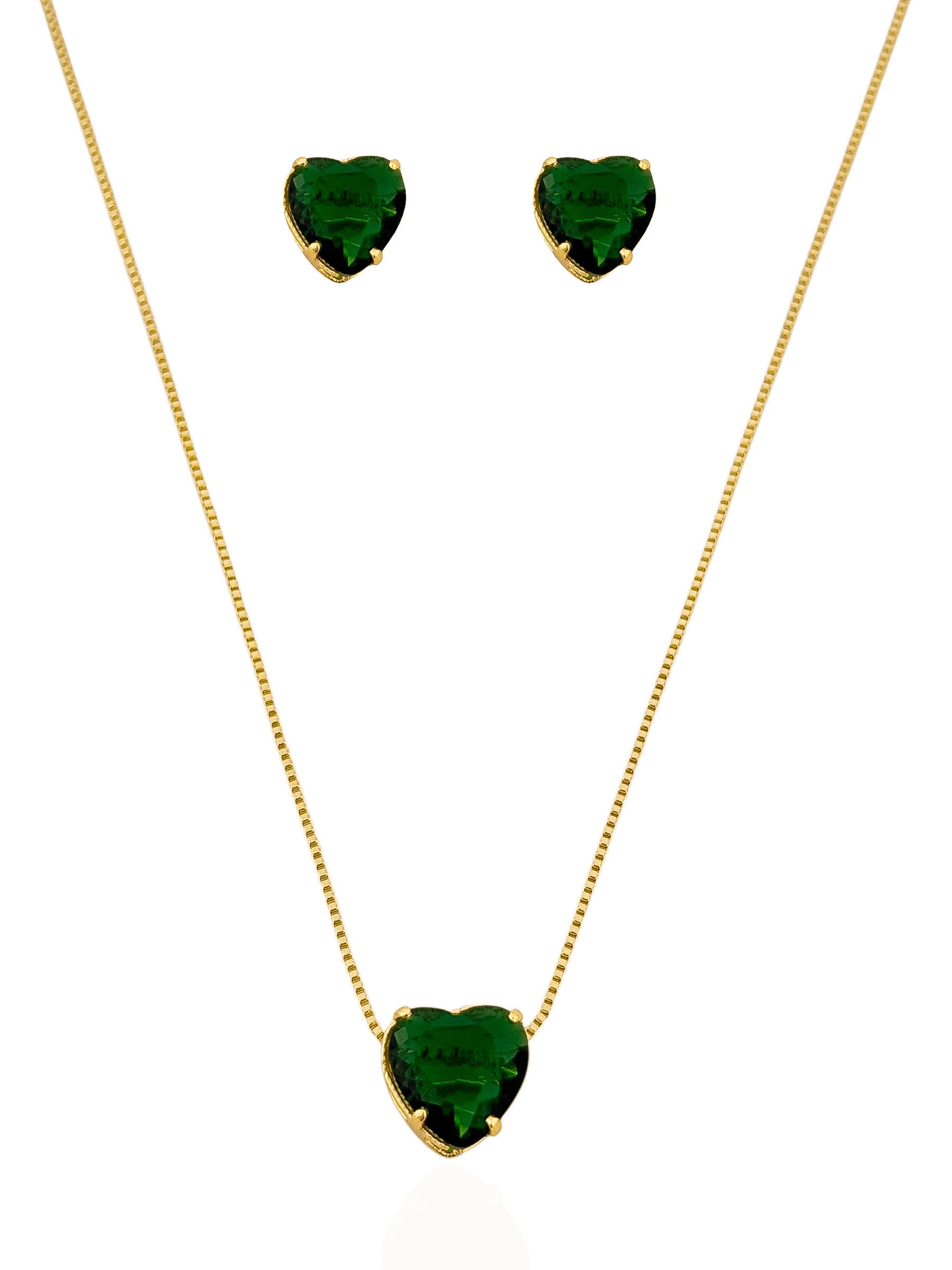 Conjunto Colar e Brinco Folheado a Ouro 18k Coração de Cristal