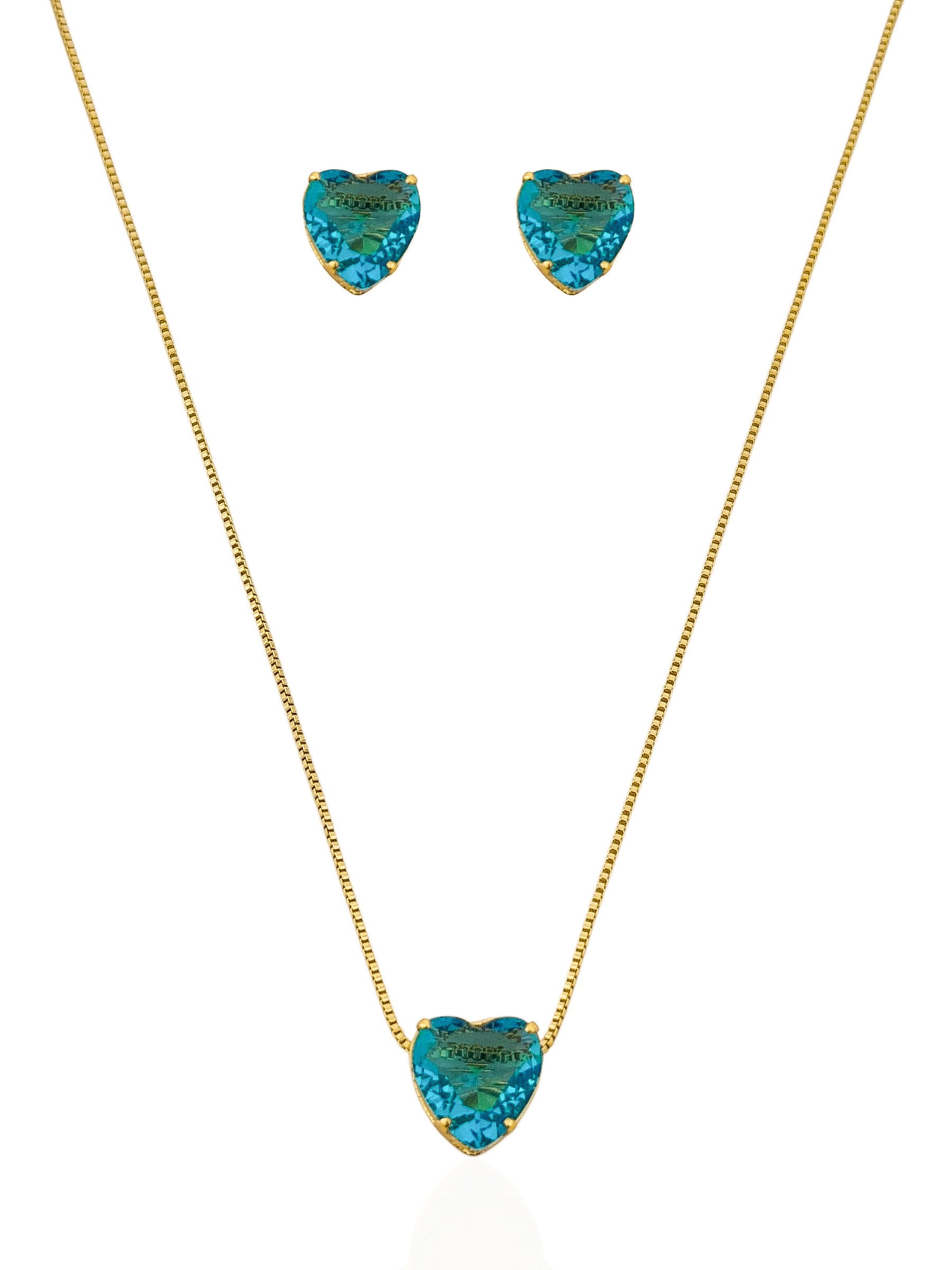 Conjunto Colar e Brinco Folheado a Ouro 18k Coração de Cristal