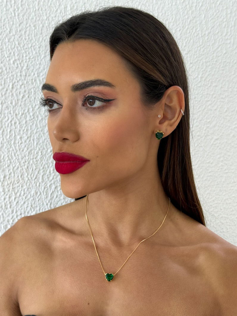 Conjunto Colar e Brinco Folheado a Ouro 18k Coração de Cristal