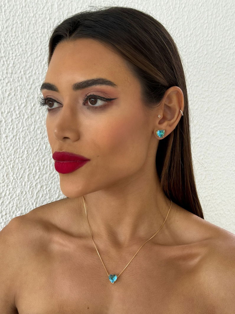 Conjunto Colar e Brinco Folheado a Ouro 18k Coração de Cristal